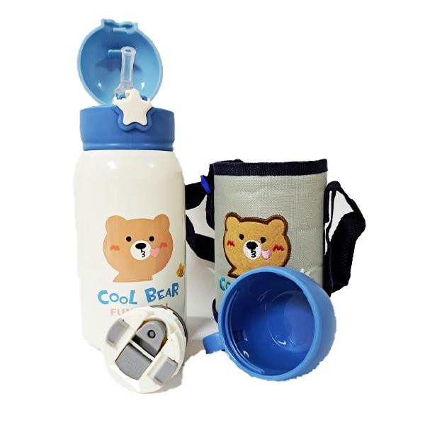 زمزمية Bear للأطفال 600 مل – استانلس 316، 3 أغطية، عزل حراري