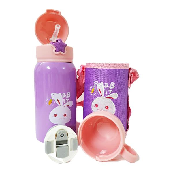 زمزمية Rabbit للأطفال 600 مل – استانلس 316، 3 أغطية، وردي أو بنفسجي
