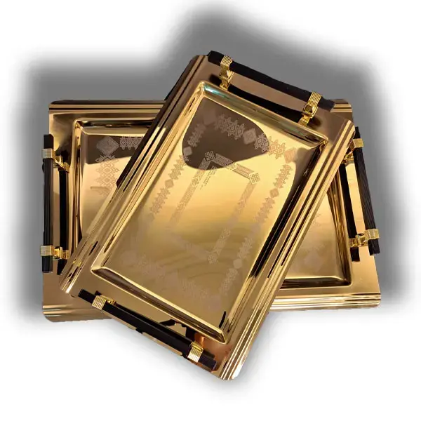 طقم صواني أرسيل ستانلس ستيل تركي 18/10 – مقاسات 40 و45 سم، ذهبي وفضي