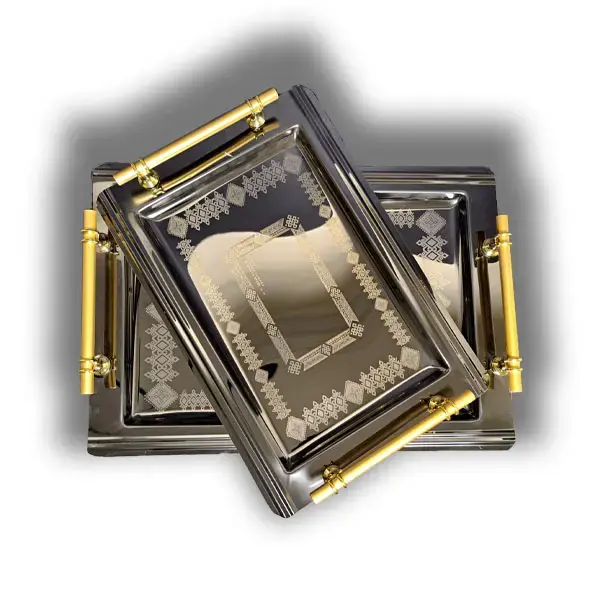 طقم صواني أرسيل ستانلس ستيل تركي 18/10 – مقاسات 40 و45 سم، ذهبي وفضي